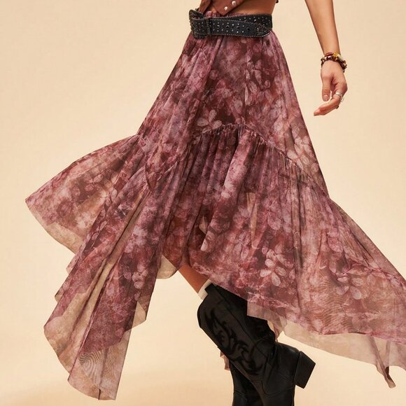 Multicolor Boho Women's Asymmetric Floral Skirt - Picture 3 of 8